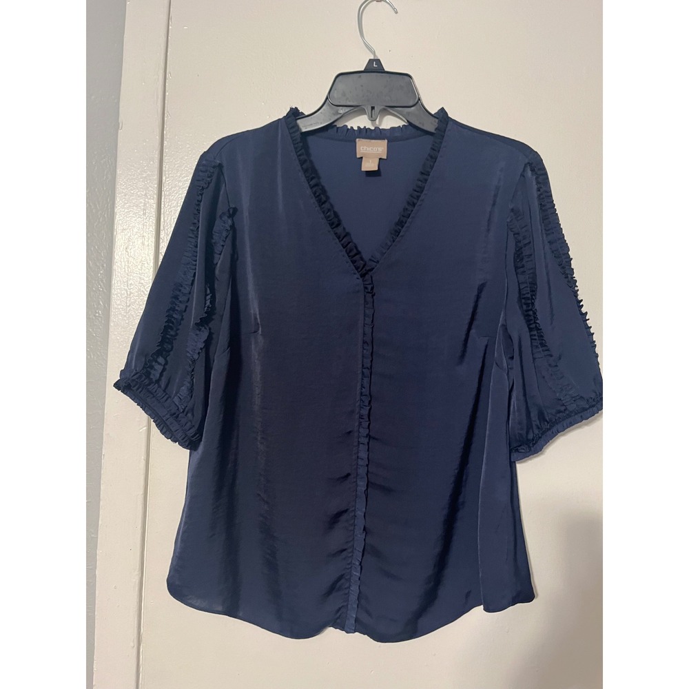 Chicos Navy Blue Ruffle Trim V-Neck Puff Sleeve Blouse Top Size 1 Medium